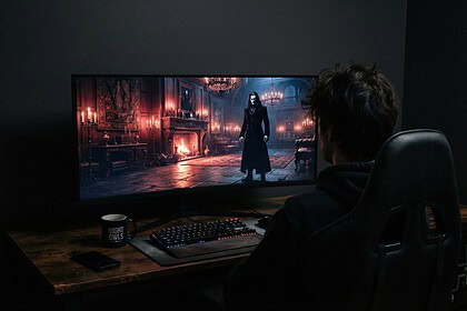 Joueur de dos devant un écran large affichant un vampire en long manteau noir dans un manoir éclairé aux chandelles
