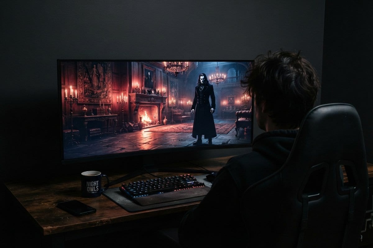 Joueur de dos devant un écran large affichant un vampire en long manteau noir dans un manoir éclairé aux chandelles