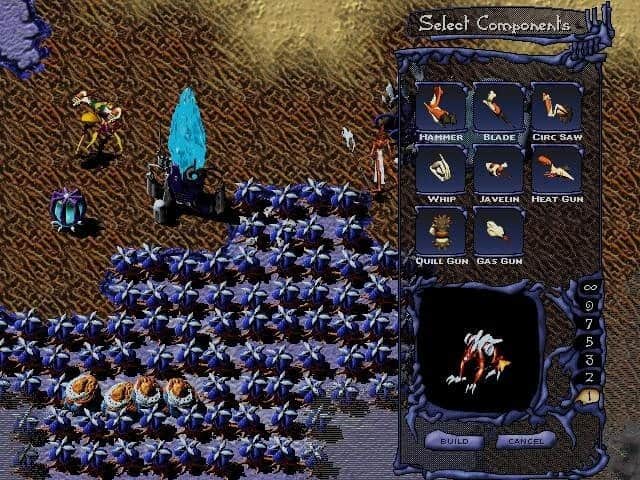 Écran Select Components de WarBreeds avec une liste d'armes, dont Hammer, Blade, Whip et Heat Gun