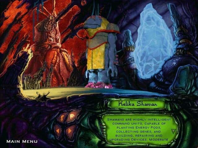 Menu de WarBreeds présentant le Shaman du clan Kelika devant un décor organique rouge et bleu