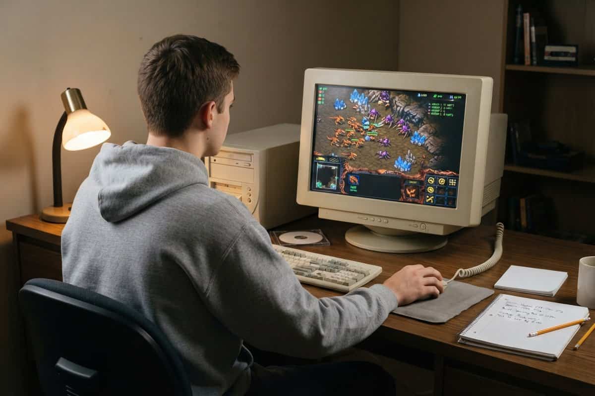 Un jeune homme en sweat gris joue à un jeu de stratégie en temps réel sur un écran cathodique beige