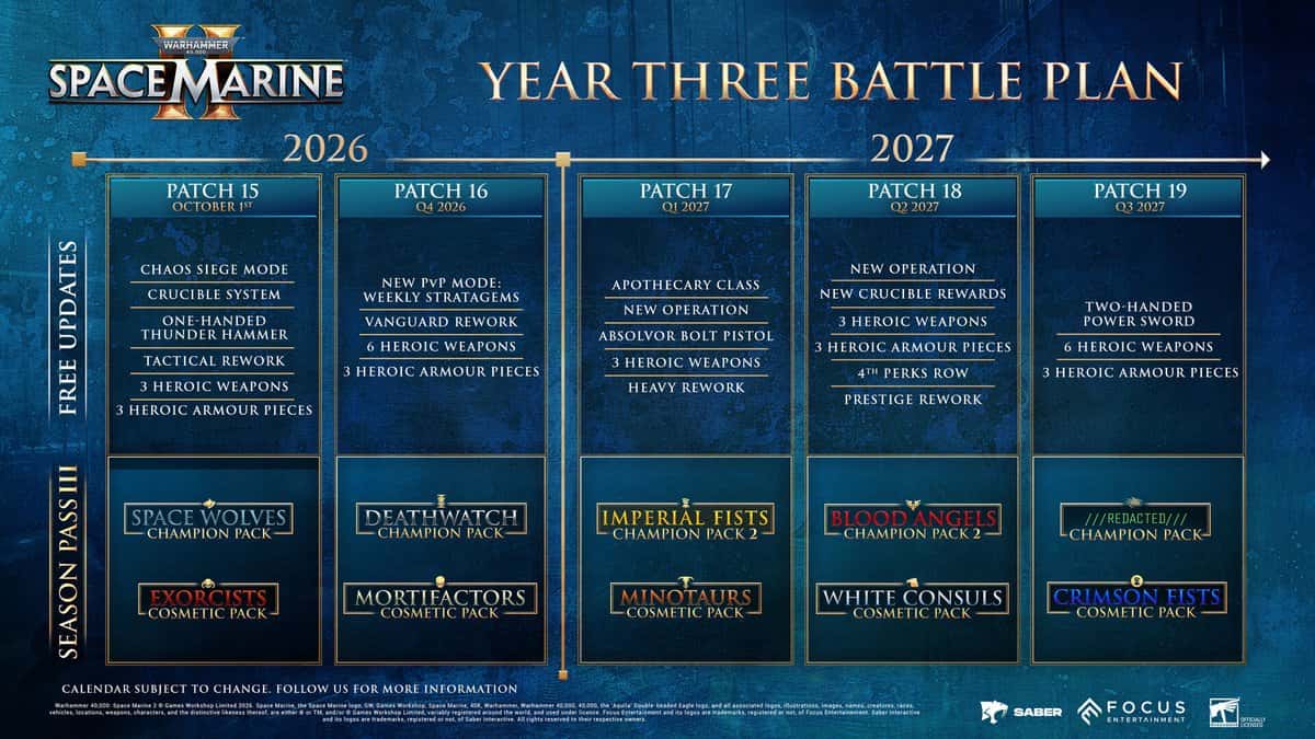 Calendrier officiel des mises à jour de la troisième année de Space Marine 2, du patch 15 au patch 19